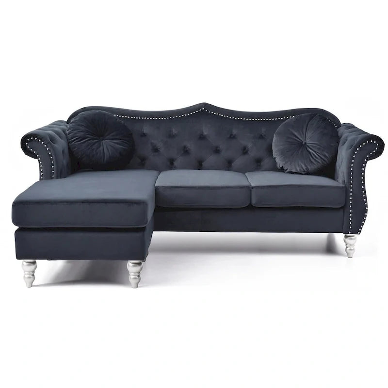 Canapé d'angle chesterfield en velours Hollywood de 81 po avec 2 coussins décoratifs – 81L x 35W x 34H