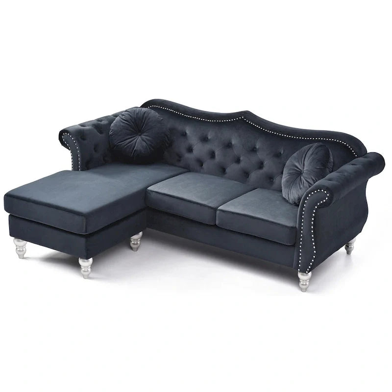 Canapé d'angle chesterfield en velours Hollywood de 81 po avec 2 coussins décoratifs – 81L x 35W x 34H