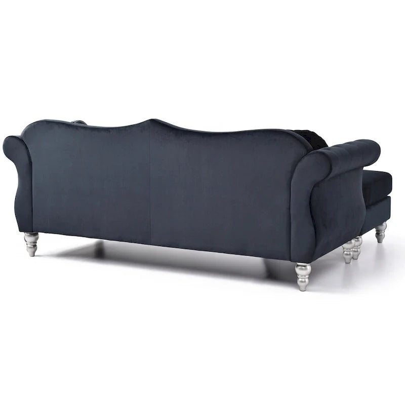 Canapé d'angle chesterfield en velours Hollywood de 81 po avec 2 coussins décoratifs – 81L x 35W x 34H