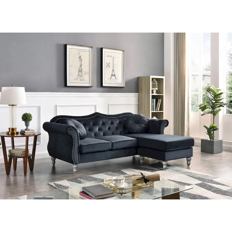 Canapé d'angle chesterfield en velours Hollywood de 81 po avec 2 coussins décoratifs – 81L x 35W x 34H