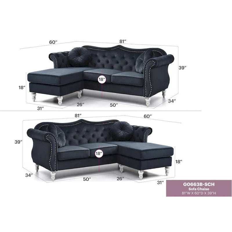 Canapé d'angle chesterfield en velours Hollywood de 81 po avec 2 coussins décoratifs – 81L x 35W x 34H