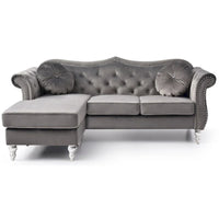 Canapé d'angle chesterfield en velours Hollywood de 81 po avec 2 coussins décoratifs – 81L x 35W x 34H