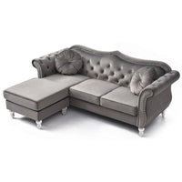 Canapé d'angle chesterfield en velours Hollywood de 81 po avec 2 coussins décoratifs – 81L x 35W x 34H