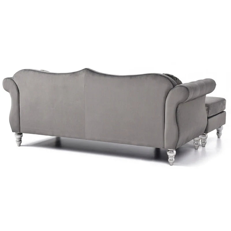 Canapé d'angle chesterfield en velours Hollywood de 81 po avec 2 coussins décoratifs – 81L x 35W x 34H