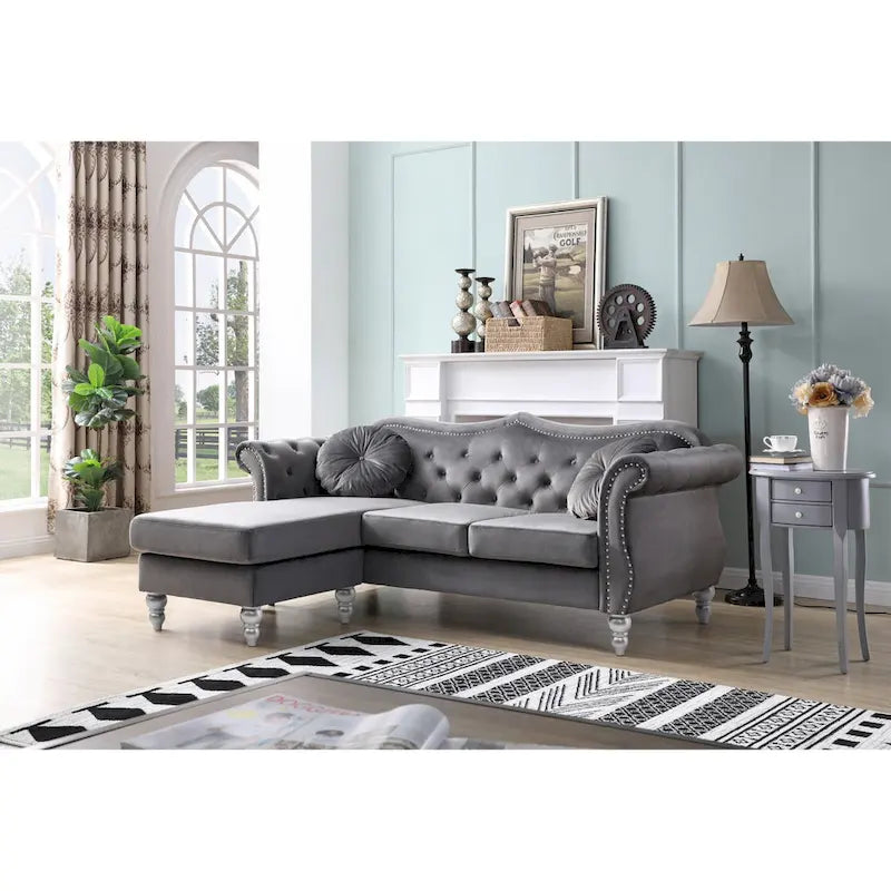 Canapé d'angle chesterfield en velours Hollywood de 81 po avec 2 coussins décoratifs – 81L x 35W x 34H