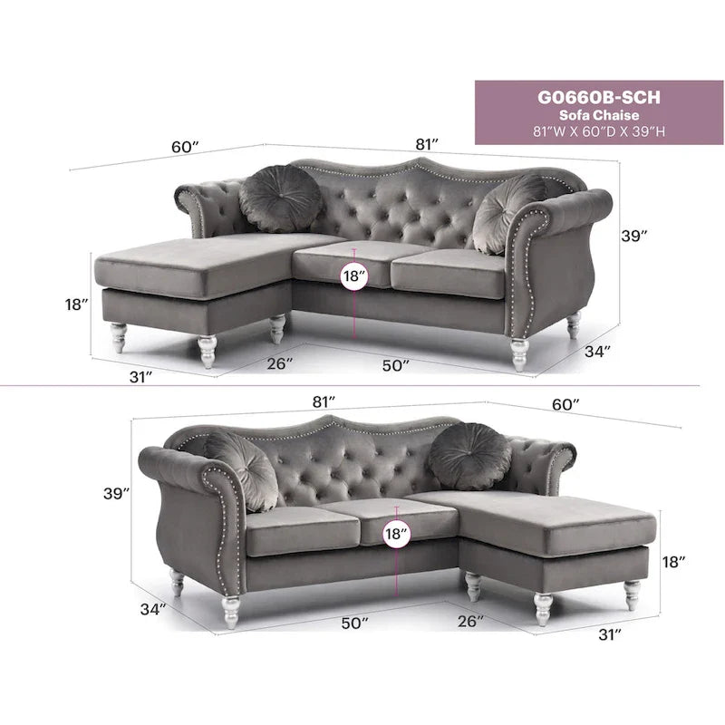 Canapé d'angle chesterfield en velours Hollywood de 81 po avec 2 coussins décoratifs – 81L x 35W x 34H