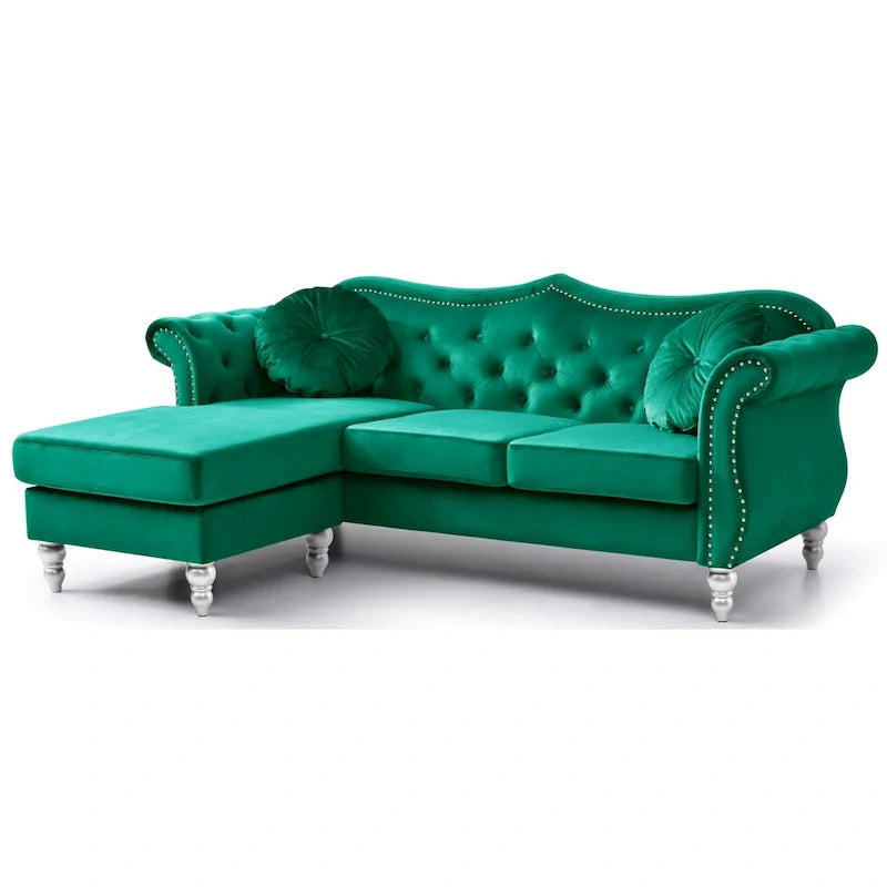 Canapé d'angle chesterfield en velours Hollywood de 81 po avec 2 coussins décoratifs – 81L x 35W x 34H