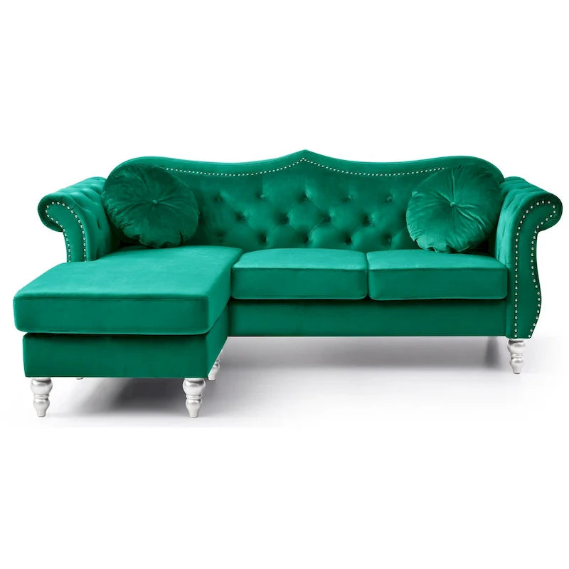 Canapé d'angle chesterfield en velours Hollywood de 81 po avec 2 coussins décoratifs – 81L x 35W x 34H