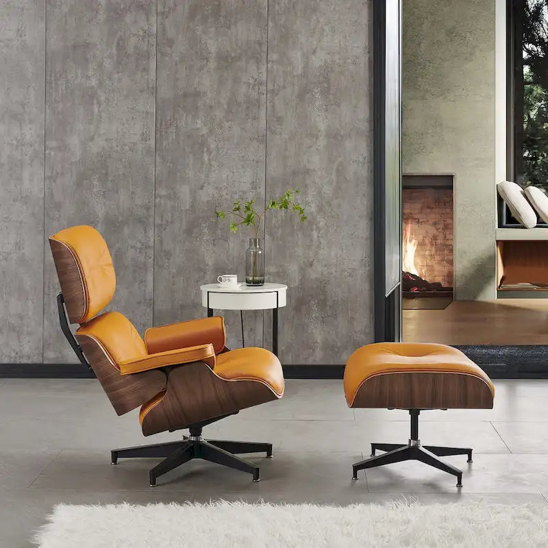 Ensemble Fauteuil et Ottoman en Cuir Véritable Style Mid-Century Moderne
