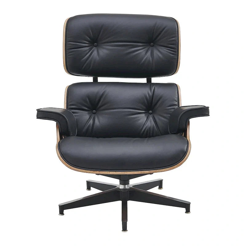 Ensemble Fauteuil et Ottoman en Cuir Véritable Style Mid-Century Moderne