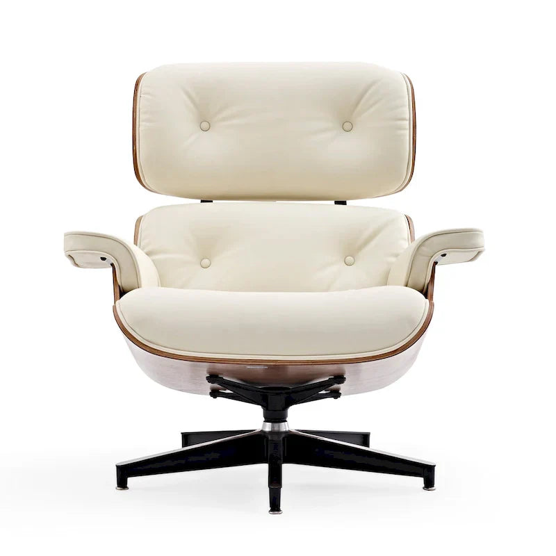 Ensemble Fauteuil et Ottoman en Cuir Véritable Style Mid-Century Moderne