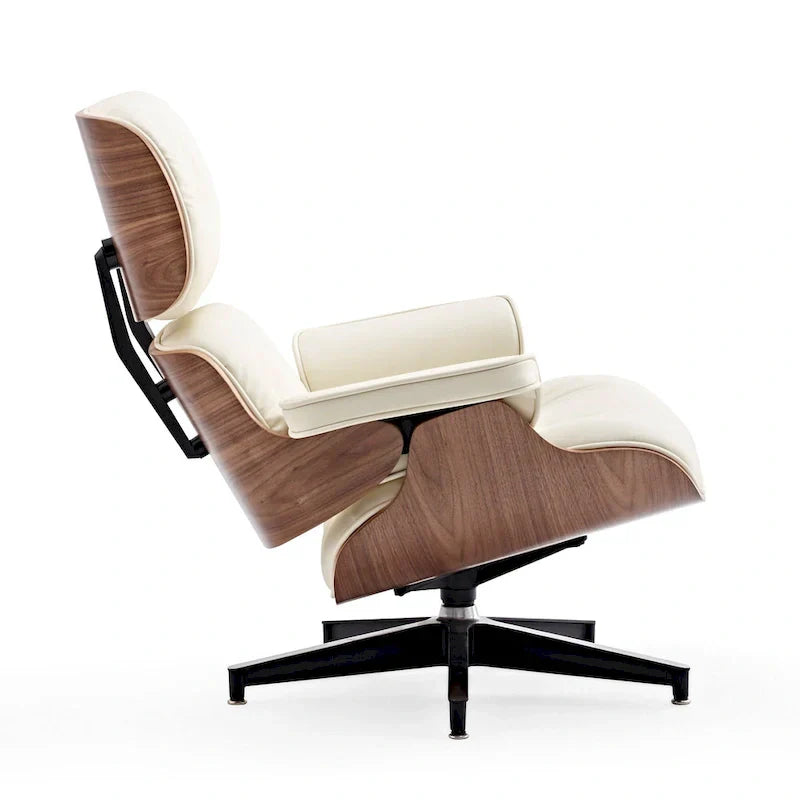 Ensemble Fauteuil et Ottoman en Cuir Véritable Style Mid-Century Moderne