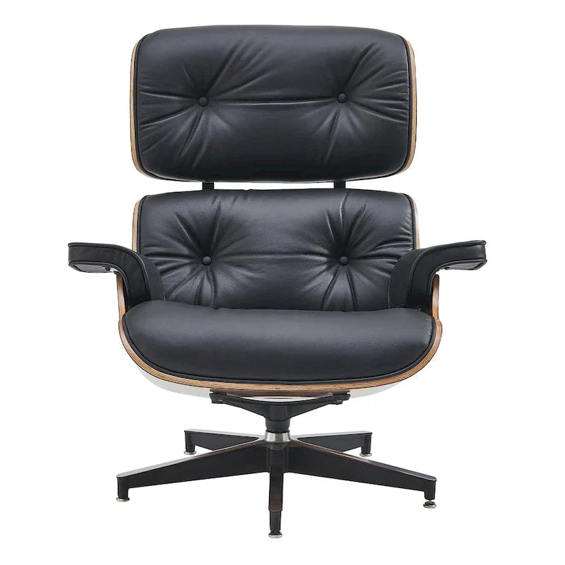 Ensemble Fauteuil et Ottoman en Cuir Véritable Style Mid-Century Moderne