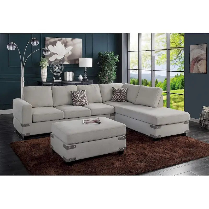 Poundex Ensemble de canapé sectionnel 3 pièces en tissu avec ottoman