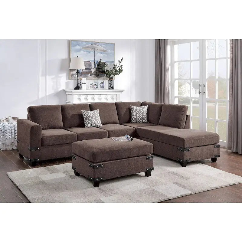 Poundex Ensemble de canapé sectionnel 3 pièces en tissu avec ottoman
