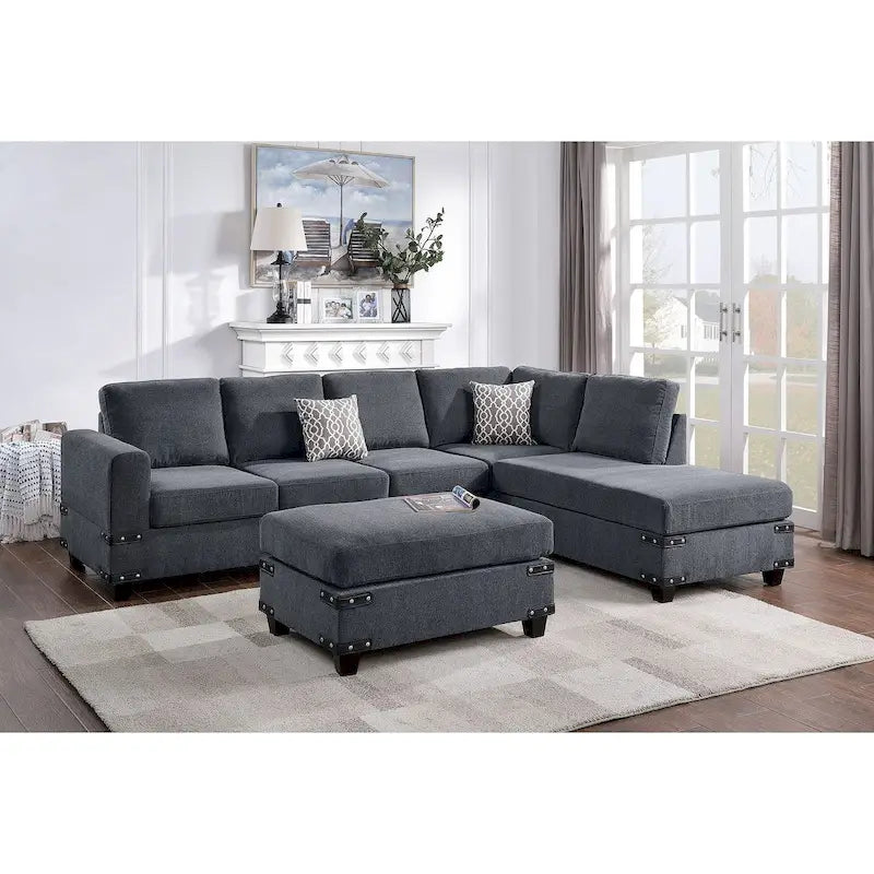 Poundex Ensemble de canapé sectionnel 3 pièces en tissu avec ottoman