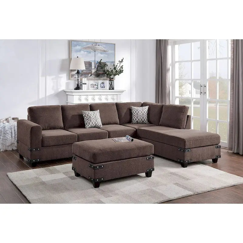 Poundex Ensemble de canapé sectionnel 3 pièces en tissu avec ottoman