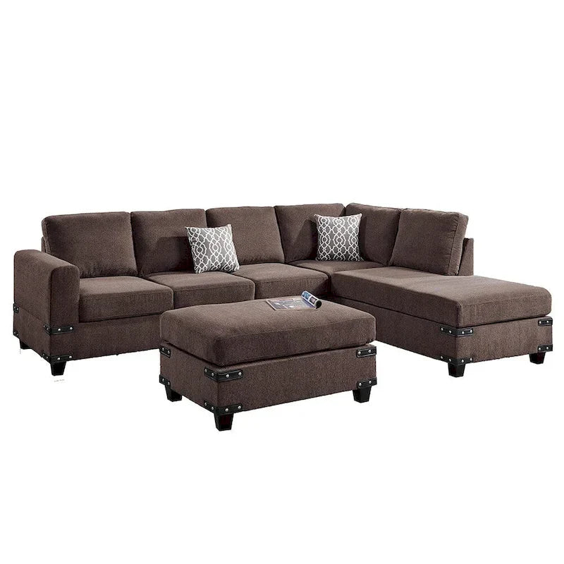 Poundex Ensemble de canapé sectionnel 3 pièces en tissu avec ottoman