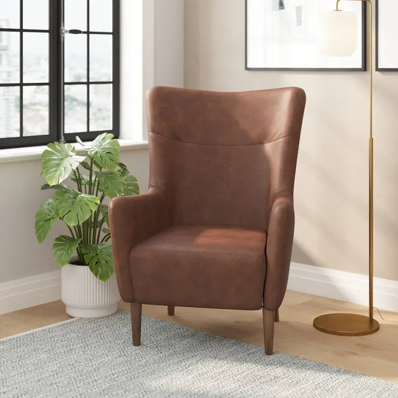 Fauteuil d'appoint capitonné à oreilles avec structure et pieds en bois