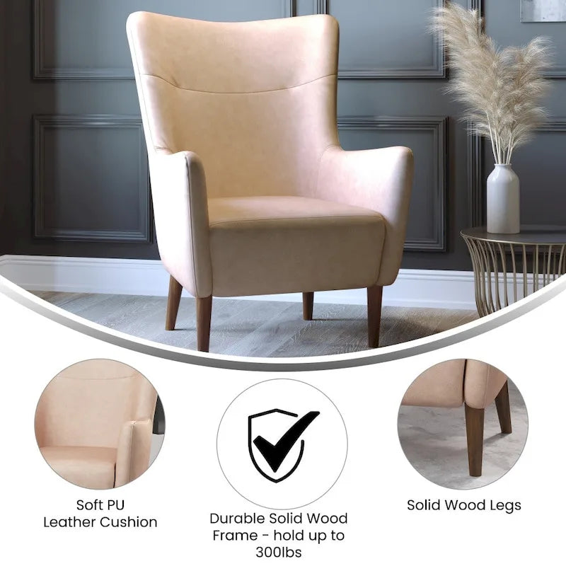 Fauteuil d'appoint capitonné à oreilles avec structure et pieds en bois