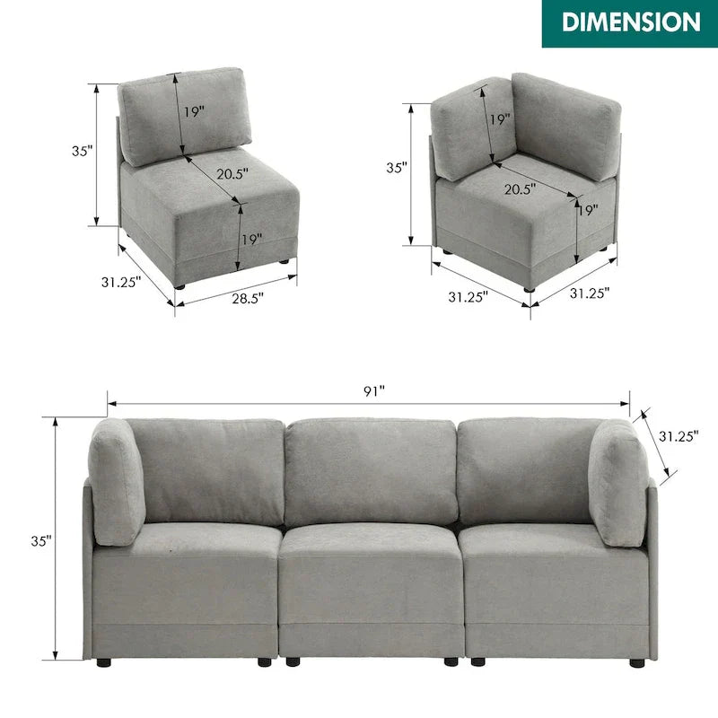 Canapé Sectionnel Modulable Réversible Moderne 3 Pièces en Lin en Libre Combinaison