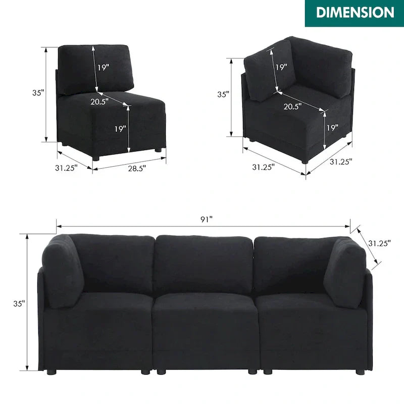 Canapé Sectionnel Modulable Réversible Moderne 3 Pièces en Lin en Libre Combinaison