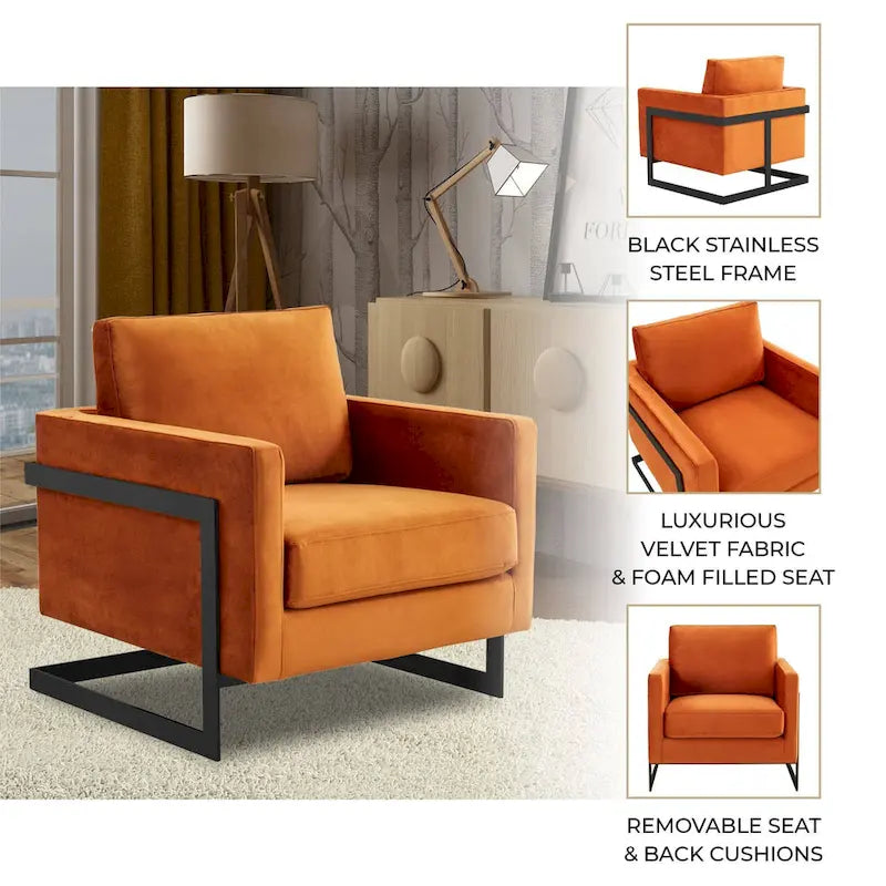 Fauteuil moderne en velours LeisureMod Lincoln avec cadre en acier noir - 35