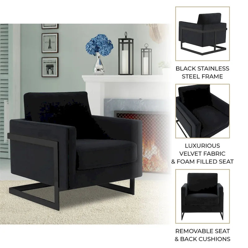 Fauteuil moderne en velours LeisureMod Lincoln avec cadre en acier noir - 35