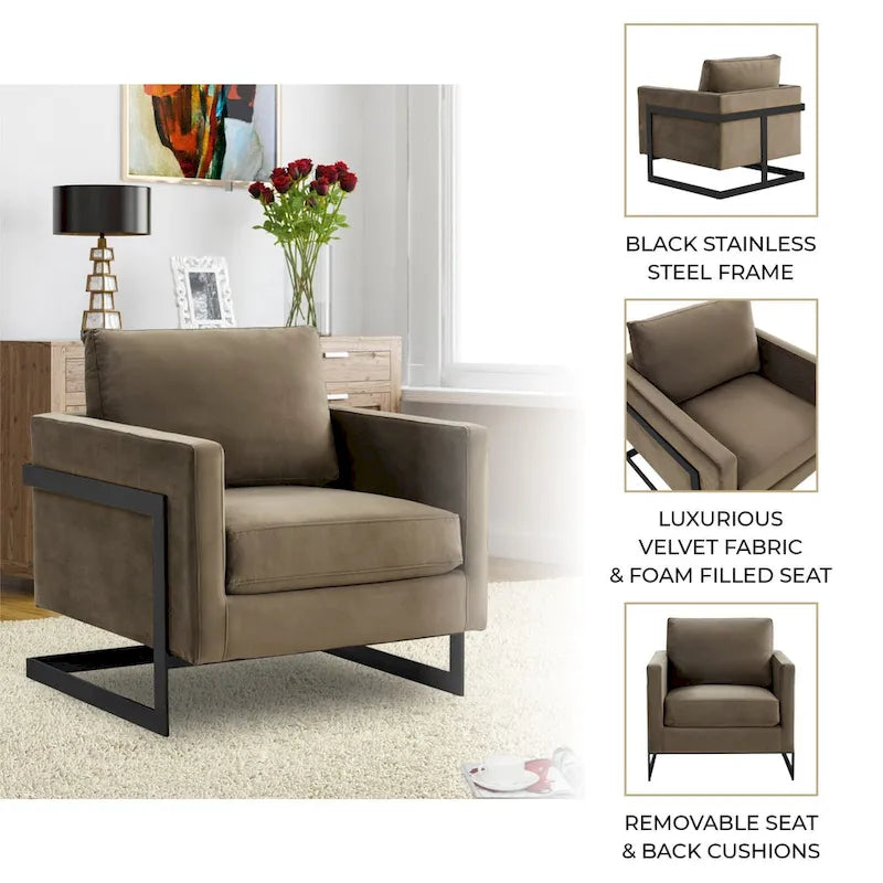 Fauteuil moderne en velours LeisureMod Lincoln avec cadre en acier noir - 35