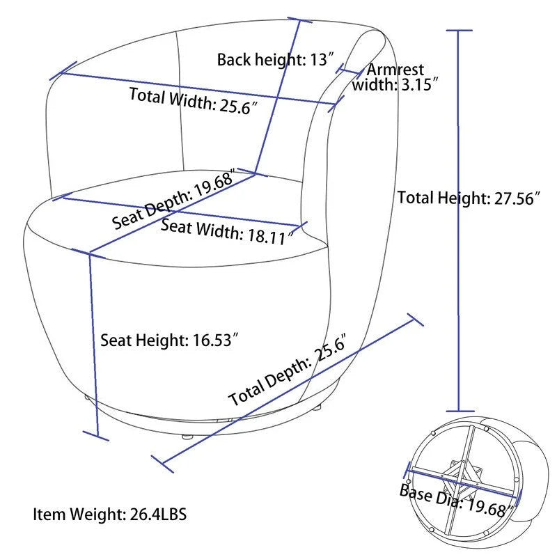 Fauteuil pivotant en tissu bouclette avec anneau en métal thermolaqué