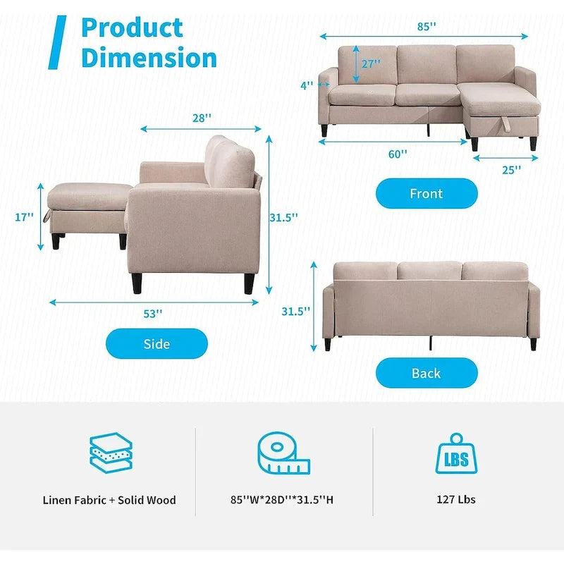 Canapé Sectionnel Convertible Mixoy avec Pouf de Rangement, Méridienne Réversible
