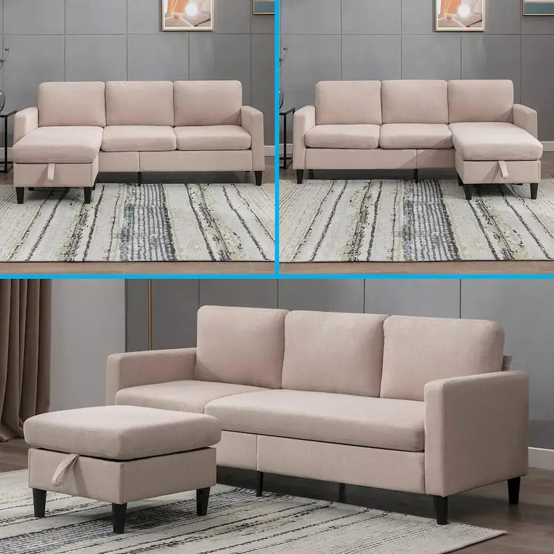 Canapé Sectionnel Convertible Mixoy avec Pouf de Rangement, Méridienne Réversible