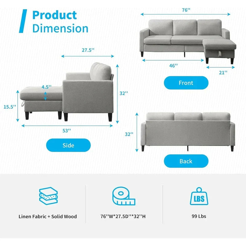 Canapé Sectionnel Convertible Mixoy avec Pouf de Rangement, Méridienne Réversible