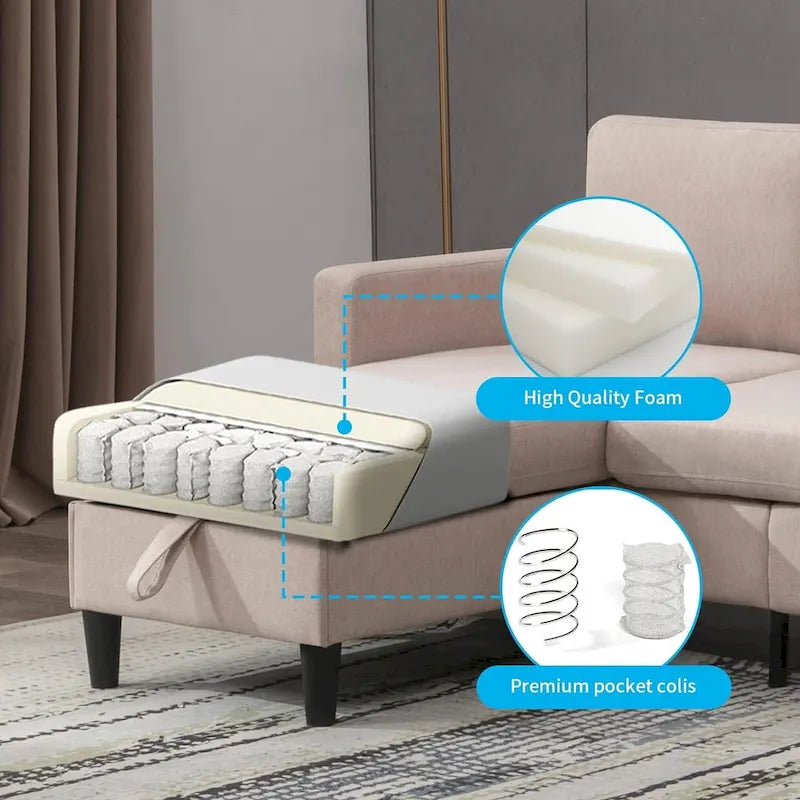 Canapé Sectionnel Convertible Mixoy avec Pouf de Rangement, Méridienne Réversible
