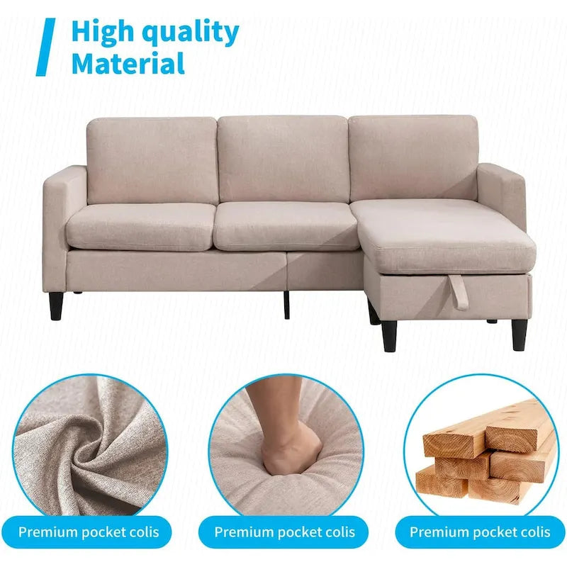 Canapé Sectionnel Convertible Mixoy avec Pouf de Rangement, Méridienne Réversible