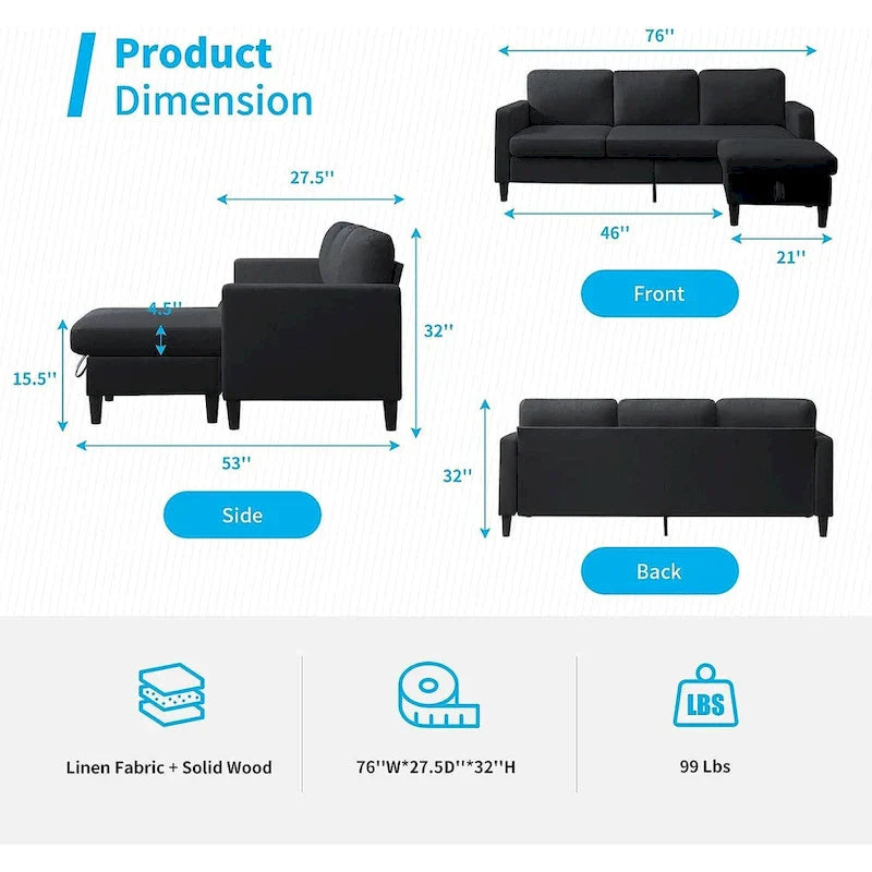 Canapé Sectionnel Convertible Mixoy avec Pouf de Rangement, Méridienne Réversible