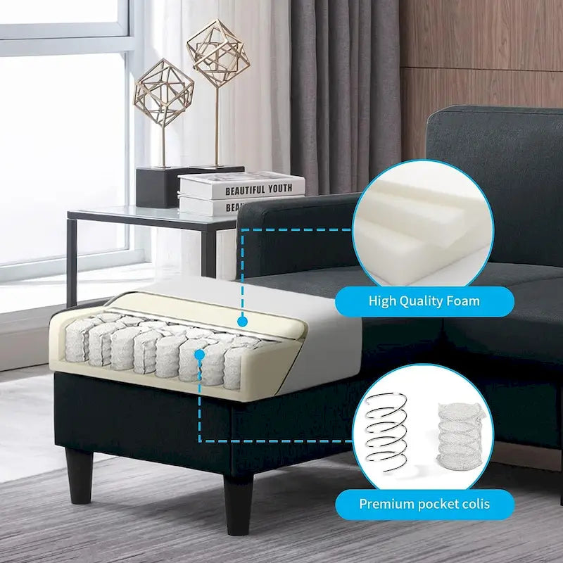 Canapé Sectionnel Convertible Mixoy avec Pouf de Rangement, Méridienne Réversible