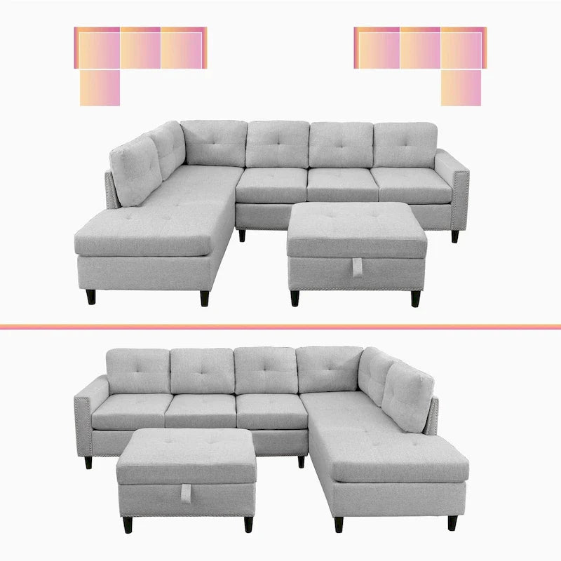 Mixoy Canapé sectionnel en forme de L avec 2 porte-gobelets, ottoman de rangement