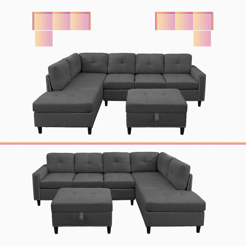 Mixoy Canapé sectionnel en forme de L avec 2 porte-gobelets, ottoman de rangement