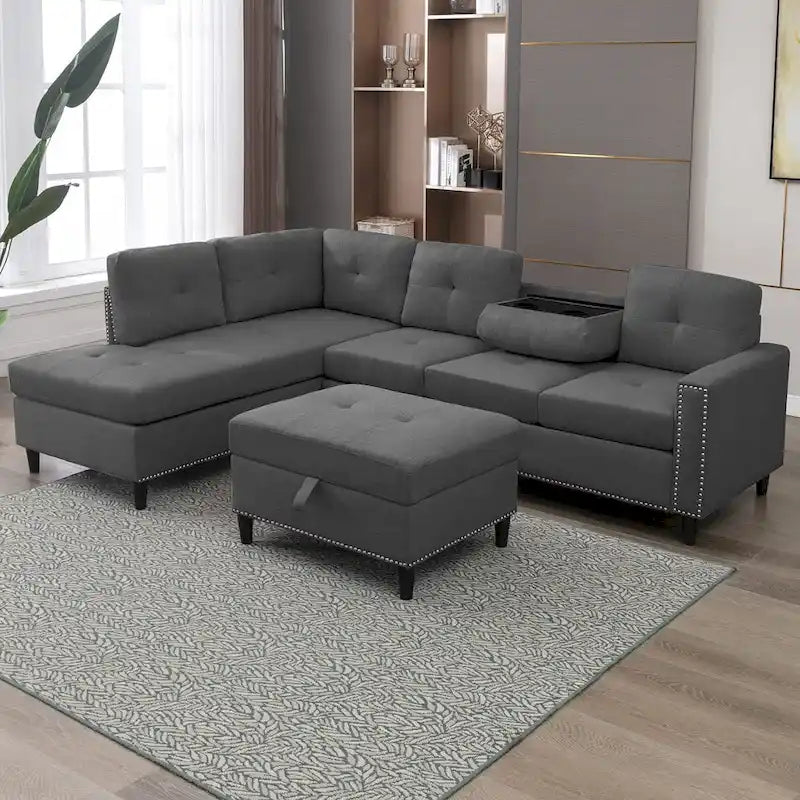 Mixoy Canapé sectionnel en forme de L avec 2 porte-gobelets, ottoman de rangement