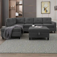 Mixoy Canapé sectionnel en forme de L avec 2 porte-gobelets, ottoman de rangement