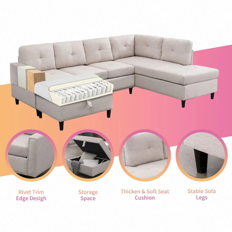 Mixoy Canapé sectionnel en forme de L avec 2 porte-gobelets, ottoman de rangement