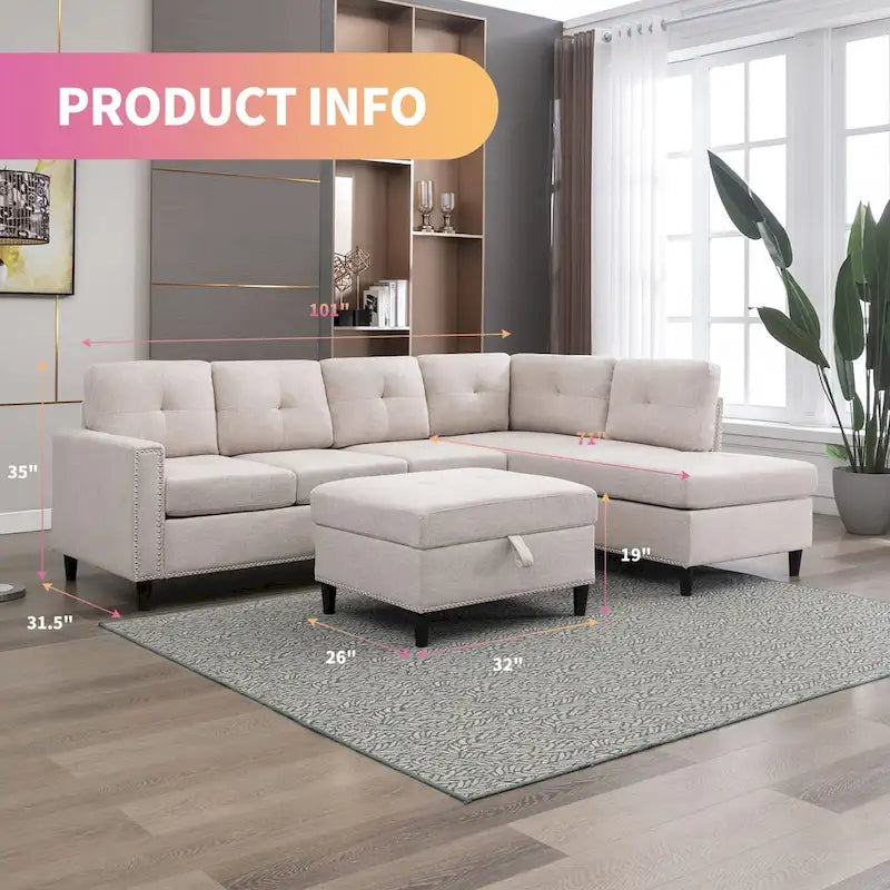 Mixoy Canapé sectionnel en forme de L avec 2 porte-gobelets, ottoman de rangement