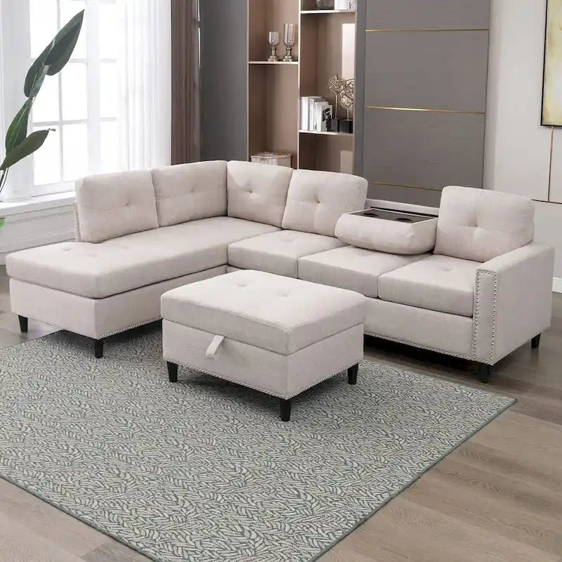 Mixoy Canapé sectionnel en forme de L avec 2 porte-gobelets, ottoman de rangement