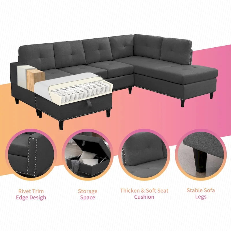 Mixoy Canapé sectionnel en forme de L avec 2 porte-gobelets, ottoman de rangement