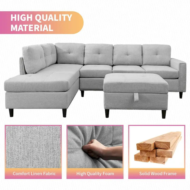 Mixoy Canapé sectionnel en forme de L avec 2 porte-gobelets, ottoman de rangement