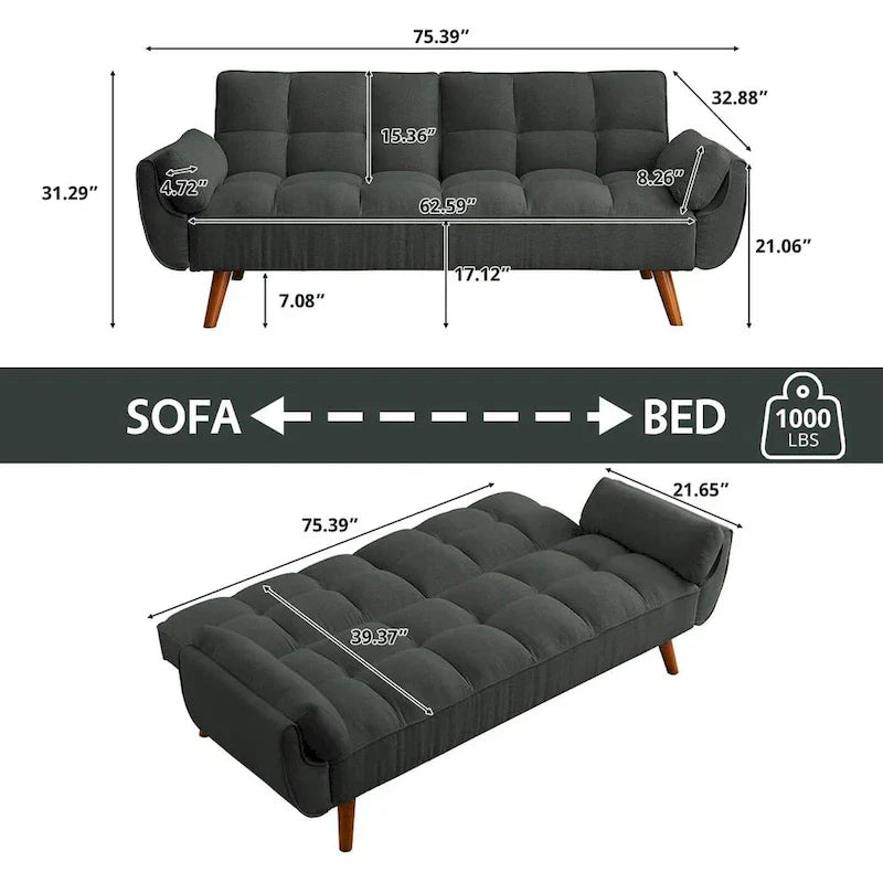 Canapé-Lit Futon 75.39 pouces, Canapé Convertible Rembourré avec Dossier Capitonné Fendu Inclinable