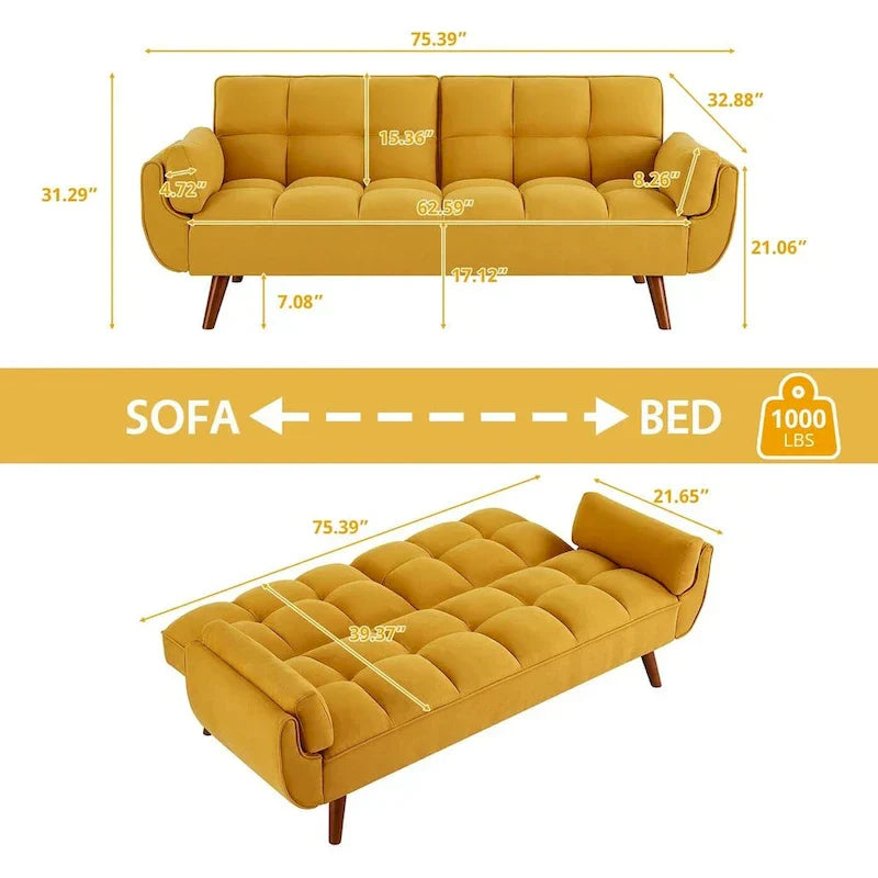 Canapé-Lit Futon 75.39 pouces, Canapé Convertible Rembourré avec Dossier Capitonné Fendu Inclinable