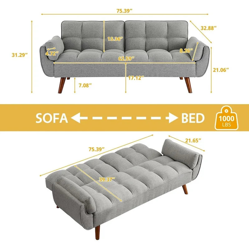 Canapé-Lit Futon 75.39 pouces, Canapé Convertible Rembourré avec Dossier Capitonné Fendu Inclinable
