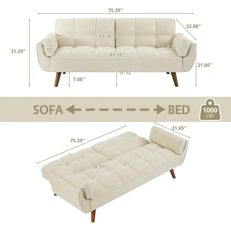 Canapé-Lit Futon 75.39 pouces, Canapé Convertible Rembourré avec Dossier Capitonné Fendu Inclinable